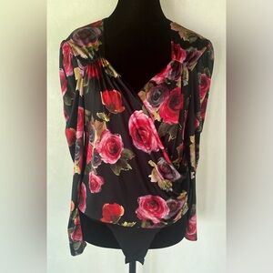 ZARA Women’s Black/Red Rose Floral Balloon Sleeve Blouse Bodysuit Size L Boho